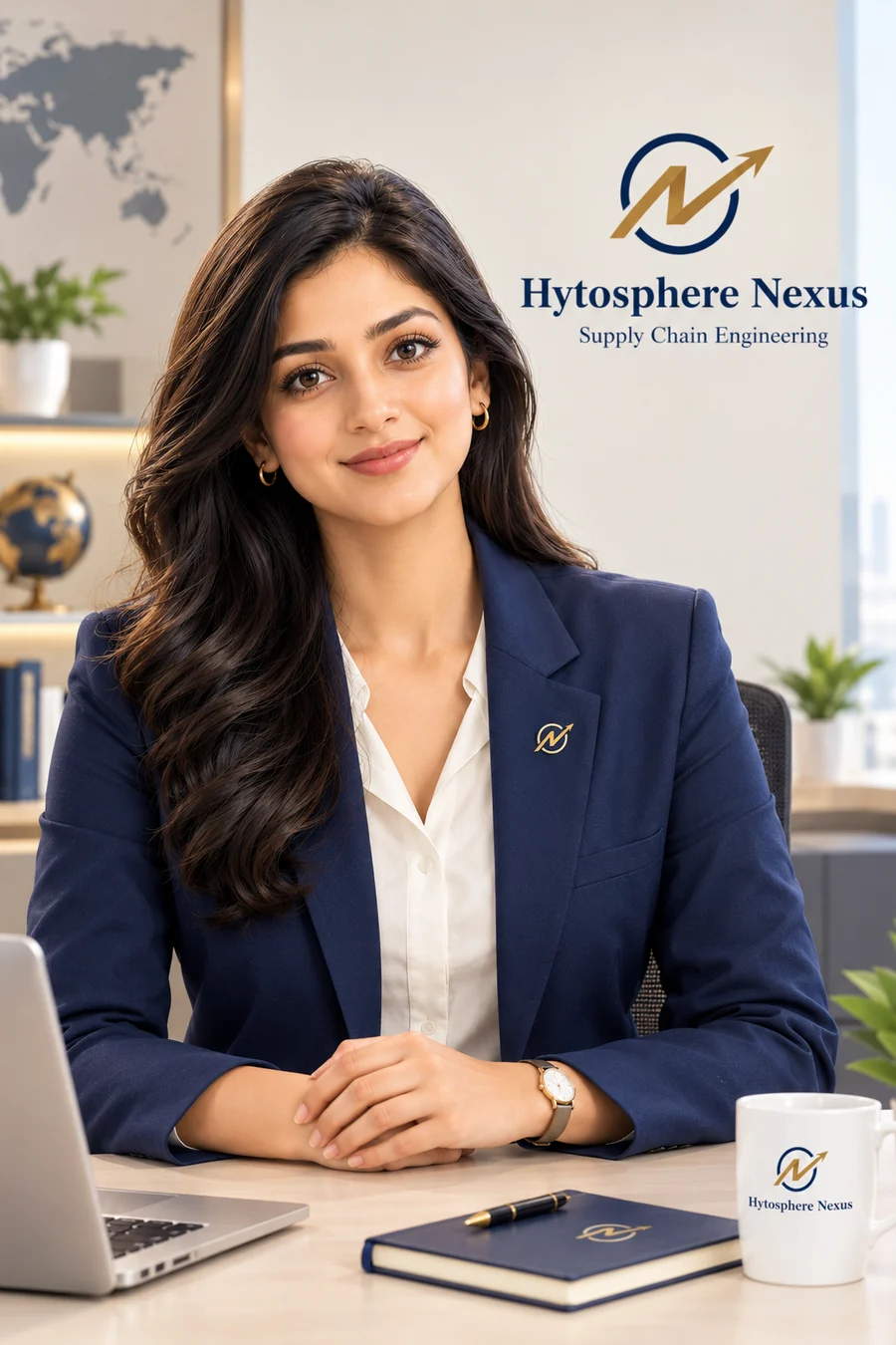 HYTO, Hytosphere Nexus's virtual brand ambassador, in a professional navy corporate outfit